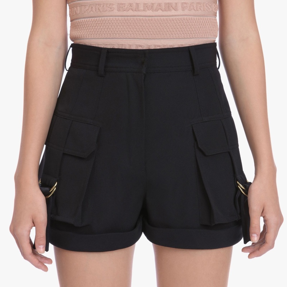 BALMAIN black linen cotton cargo hi rise shorts S